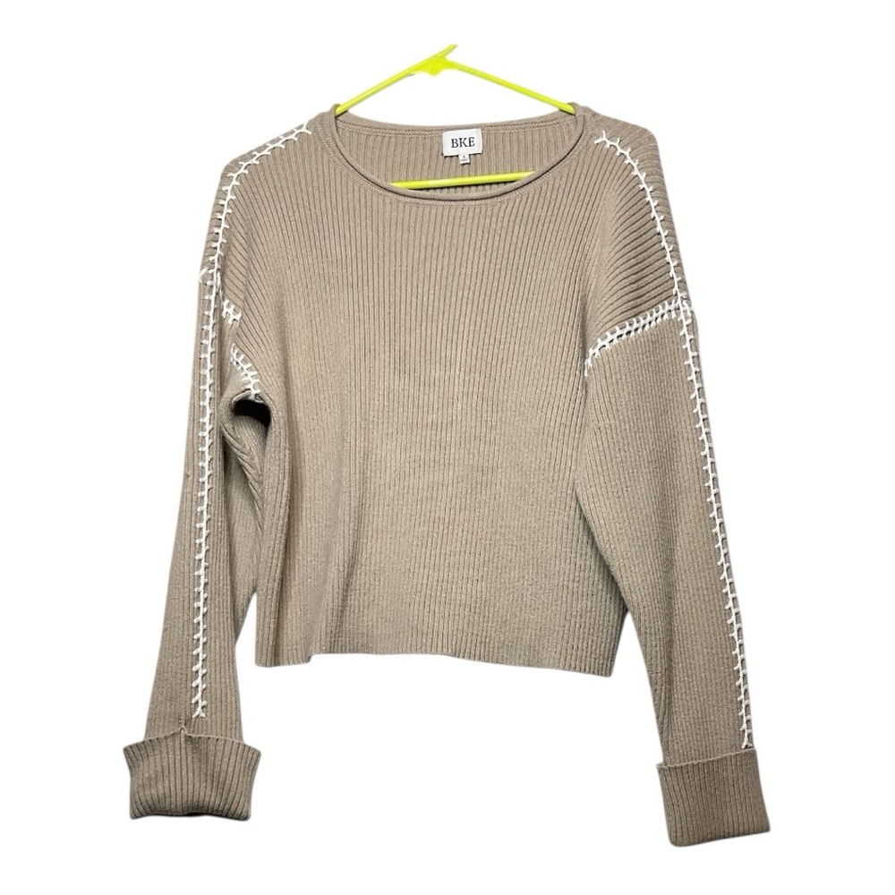 Women’s BKE ribbed, whipstitch sweater in tan, size small